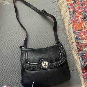 Brighton Bowie purse with adjustable strap, black with red accents.